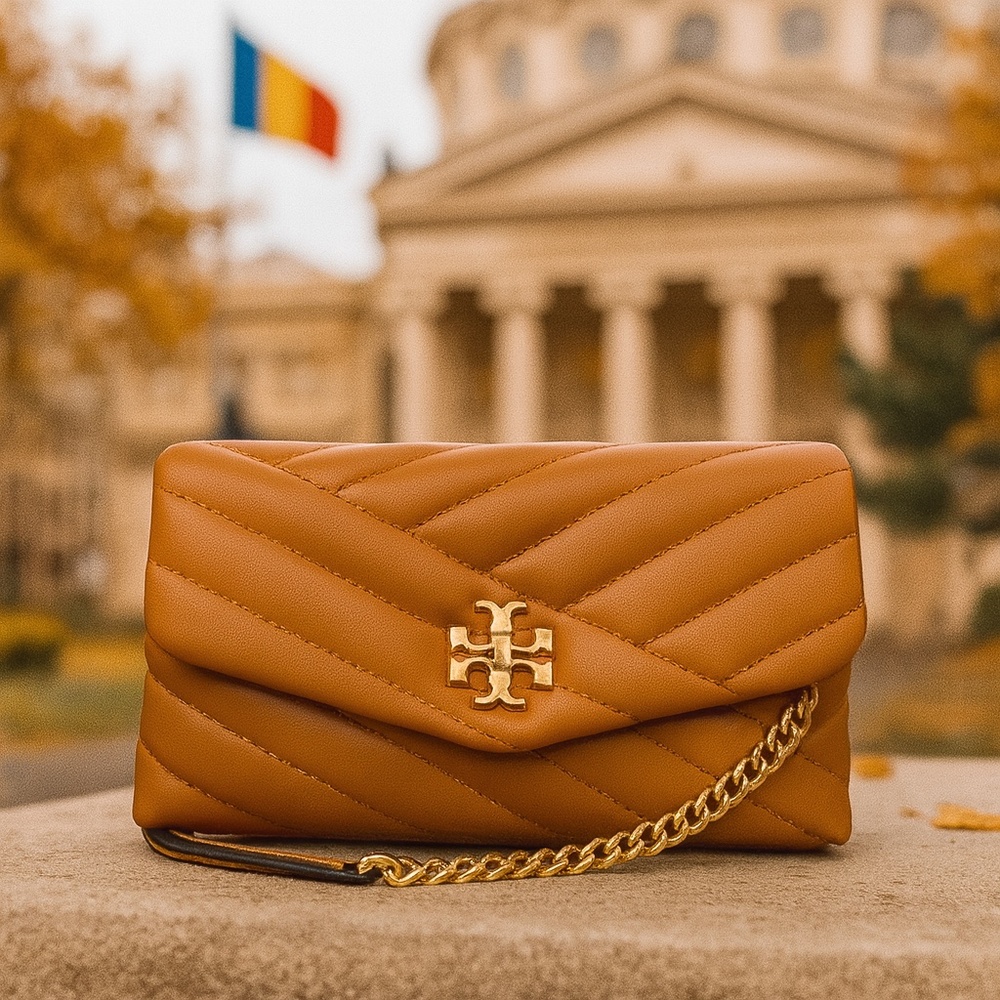 NEW Tory Burch Kira Chevron Squash Orange/Brass Chain Wallet/Crossbody Bag